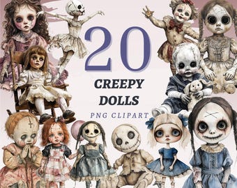 May include: A digital graphic featuring 20 creepy dolls in various poses and outfits. The dolls have a vintage, gothic aesthetic with cracked skin, stitched features, and eerie expressions. The text "20 Creepy Dolls PNG Clipart" is displayed in the center.