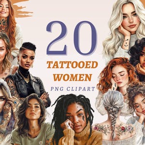 タトゥーを入れた女性のクリップアート 20 点、高品質の透明な PNG、即時ダウンロード、商用利用可 - ボディ アーティストのアートワーク セット、クールな女の子のデザイン