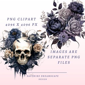 May include: Digital PNG clipart featuring a skull surrounded by dark blue and beige roses and foliage. A second floral arrangement in shades of purple and gray is also shown. Text includes "PNG CLPART 4096 X 4096 PX" and "IMAGES ARE SEPARATE PNG FILES."