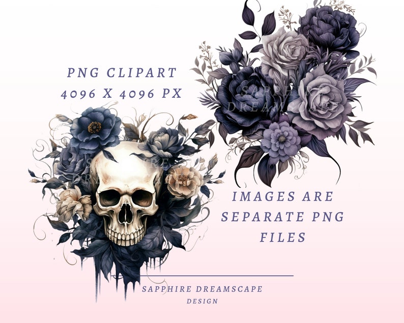 May include: Digital PNG clipart featuring a skull surrounded by dark blue and beige roses and foliage. A second floral arrangement in shades of purple and gray is also shown. Text includes "PNG CLPART 4096 X 4096 PX" and "IMAGES ARE SEPARATE PNG FILES."