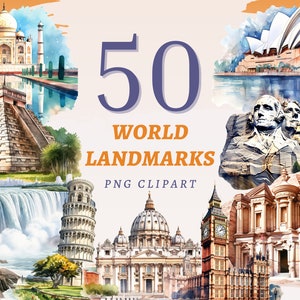 50 marcos mundiais clipart, PNGs transparentes de alta qualidade, download instantâneo, uso comercial - gráficos de monumentos, impressões de atrações turísticas
