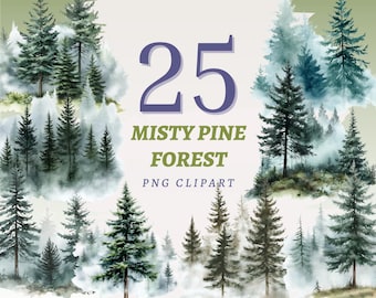 25 imágenes prediseñadas de bosque de pinos brumoso, árboles perennes, paisaje natural, JPG, descarga digital, decoración de acuarela imprimible, ilustraciones de árboles brumosos