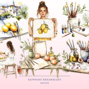 Puede incluir: Ilustraciones en acuarela con limones, higos y melocotones. La obra de arte incluye una mujer sosteniendo una pintura de limones, un cuaderno de bocetos con limones y materiales de arte como pinceles y botes de pintura. El texto "SAPPHIRE DREAMSCAPE DESIGN" es visible.
