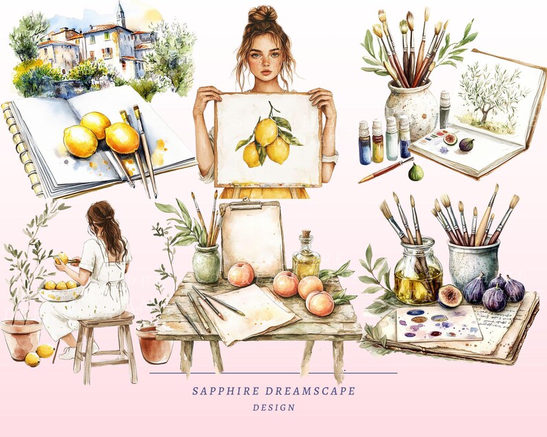 Puede incluir: Ilustraciones en acuarela con limones, higos y melocotones. La obra de arte incluye una mujer sosteniendo una pintura de limones, un cuaderno de bocetos con limones y materiales de arte como pinceles y botes de pintura. El texto "SAPPHIRE DREAMSCAPE DESIGN" es visible.