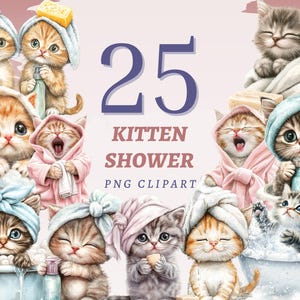 25 cliparts de douche chaton, PNG transparents de haute qualité, téléchargement immédiat, usage commercial - illustrations de bain Cath, ensemble d'oeuvres de toilette pour animaux de compagnie