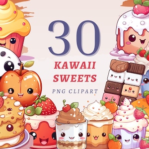 30 Kawaii snoep clipart, hoge kwaliteit transparante PNGs, Instant Download, commercieel gebruik - Doodle Sweet png, lekkere Cupcake printables