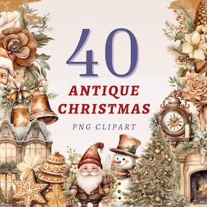 40 imágenes prediseñadas de Navidad antiguas, PNG transparentes de alta calidad, descarga instantánea, uso comercial - Navidad vintage, ilustración PNG marrón pastel