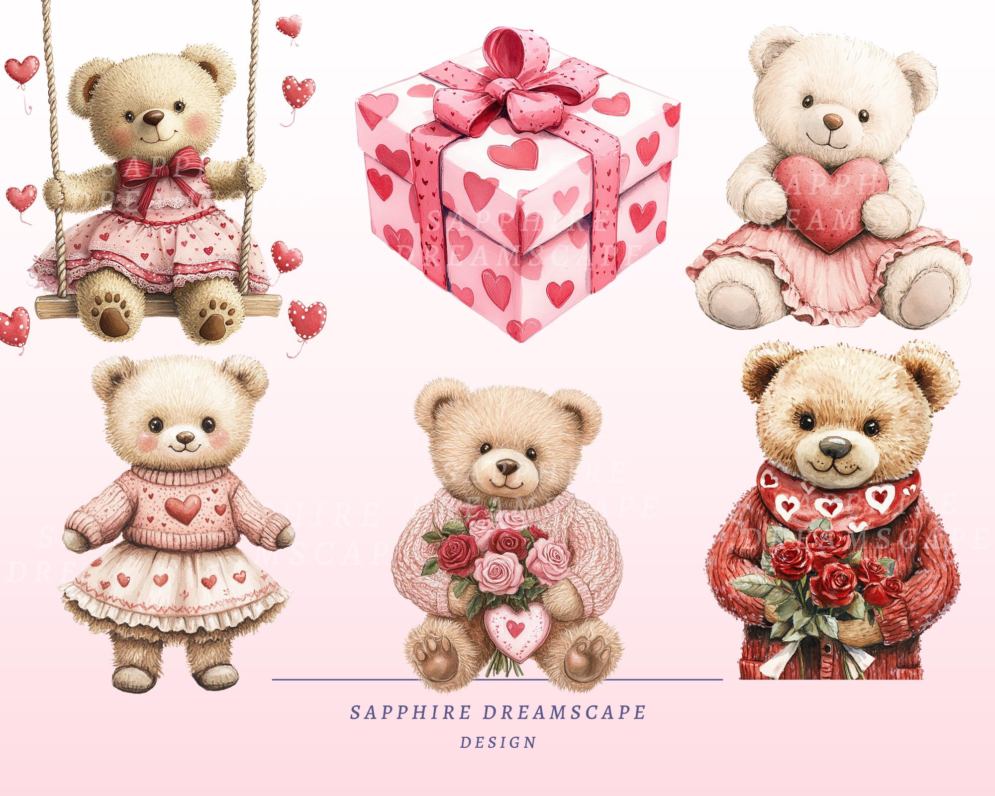 40 Valentine Teddy Bear PNG Clipart Bundle Cute Love Hearts for Cards ...