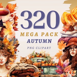 Op de afbeelding: Een digitale illustratie van 320 clipart-afbeeldingen met een herfstthema. De afbeelding toont een heks, een meisje met een bril, een kat, een vrachtwagen met pompoenen en een stapel dekens. De tekst "320 MEGA PACK AUTUMN PNG CLIPART" wordt in het midden van de afbeelding weergegeven.