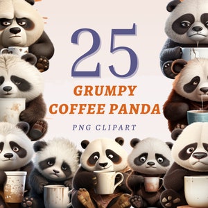 25 Grumpy Coffee Panda Clipart, PNG transparentes de alta calidad, descarga instantánea, uso comercial - Imprimibles de animales salvajes cambiantes, conjunto de la mañana