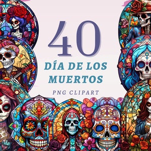 40 vitrais Día de Los Muertos clipart, PNGs transparentes de alta qualidade, download instantâneo, uso comercial - designs vítreos mexicanos