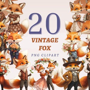 20 cliparts vintage renard livre de contes des bois art imprimable livre pour enfants oeuvres d'art du personnage ensemble graphique de renards romantiques téléchargement immédiat