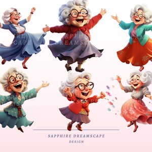 May include: A digital illustration of six animated elderly women in different poses. Each character is wearing a different coloured outfit, including blue, red, green, and orange dresses. The women are smiling and appear to be dancing or celebrating. The text "SAPPHIRE DREAMSCAPE DESIGN" is at the bottom.