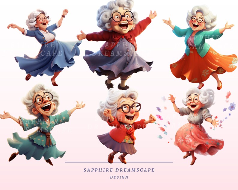 May include: A digital illustration of six animated elderly women in different poses. Each character is wearing a different coloured outfit, including blue, red, green, and orange dresses. The women are smiling and appear to be dancing or celebrating. The text "SAPPHIRE DREAMSCAPE DESIGN" is at the bottom.