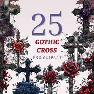 Può includere: 25 Cliparts PNG di croci gotiche. Una collezione di illustrazioni digitali che rappresentano croci nere e argentate adornate con rose rosse, blu e viola e viti.
