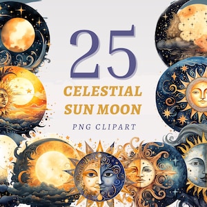 25 imágenes prediseñadas del Sol y la Luna celestiales, PNG transparentes de alta calidad, descarga instantánea, uso comercial: imprimibles del zodíaco, diseños solares y lunares