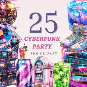 25 cyberpunk feest clipart neon dj booth afbeelding futuristische drankje decoratie discobal graphics en sci-fi decorelementen voor digitale projecten