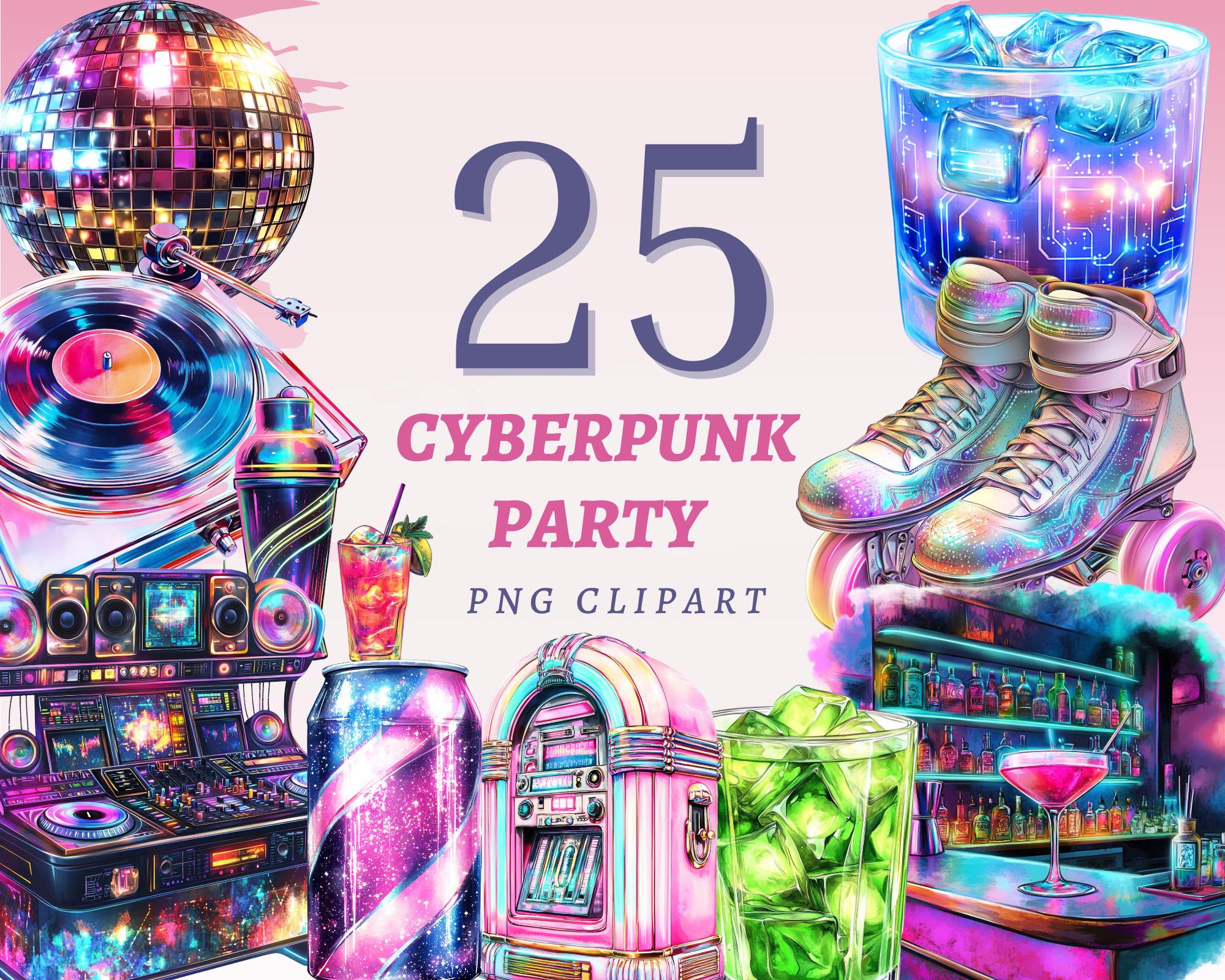 25 Cyberpunk Party Clipart Neon DJ Booth Image Futuristic Drink ...