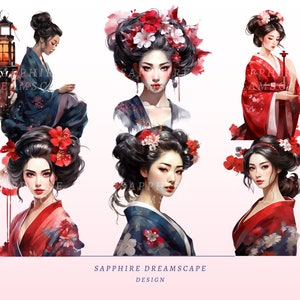 May include: Watercolor illustrations of geishas in traditional attire. The geishas are adorned with elaborate hairstyles, floral hairpieces, and vibrant makeup. The artwork features a palette of red, blue, and white, with the text "SAPPHIRE DREAMSCAPE DESIGN" at the bottom.