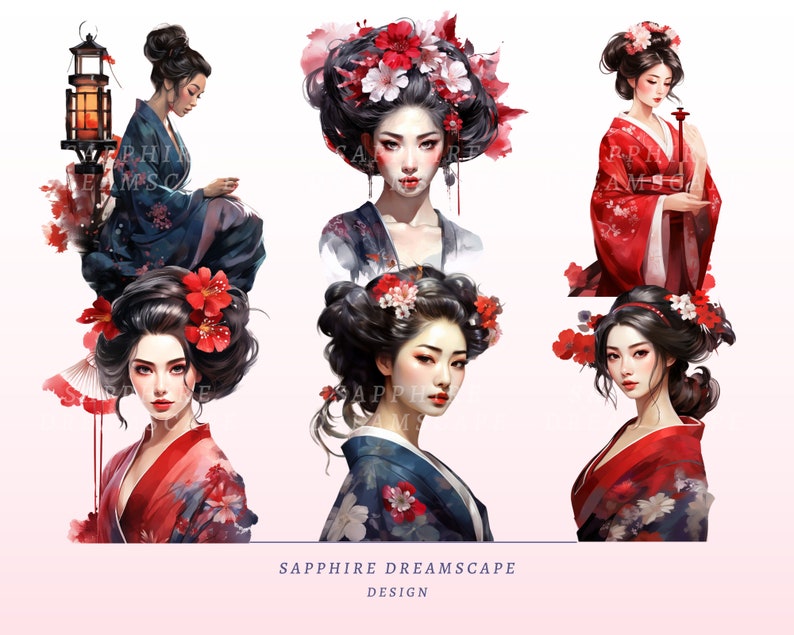 May include: Watercolor illustrations of geishas in traditional attire. The geishas are adorned with elaborate hairstyles, floral hairpieces, and vibrant makeup. The artwork features a palette of red, blue, and white, with the text "SAPPHIRE DREAMSCAPE DESIGN" at the bottom.