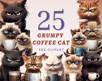 25 Grumpy Coffee Cat Clipart, High Quality Transparent PNGs, Instant Download, Commercial Use - Morning Mood Pets, Funny Cats art printables