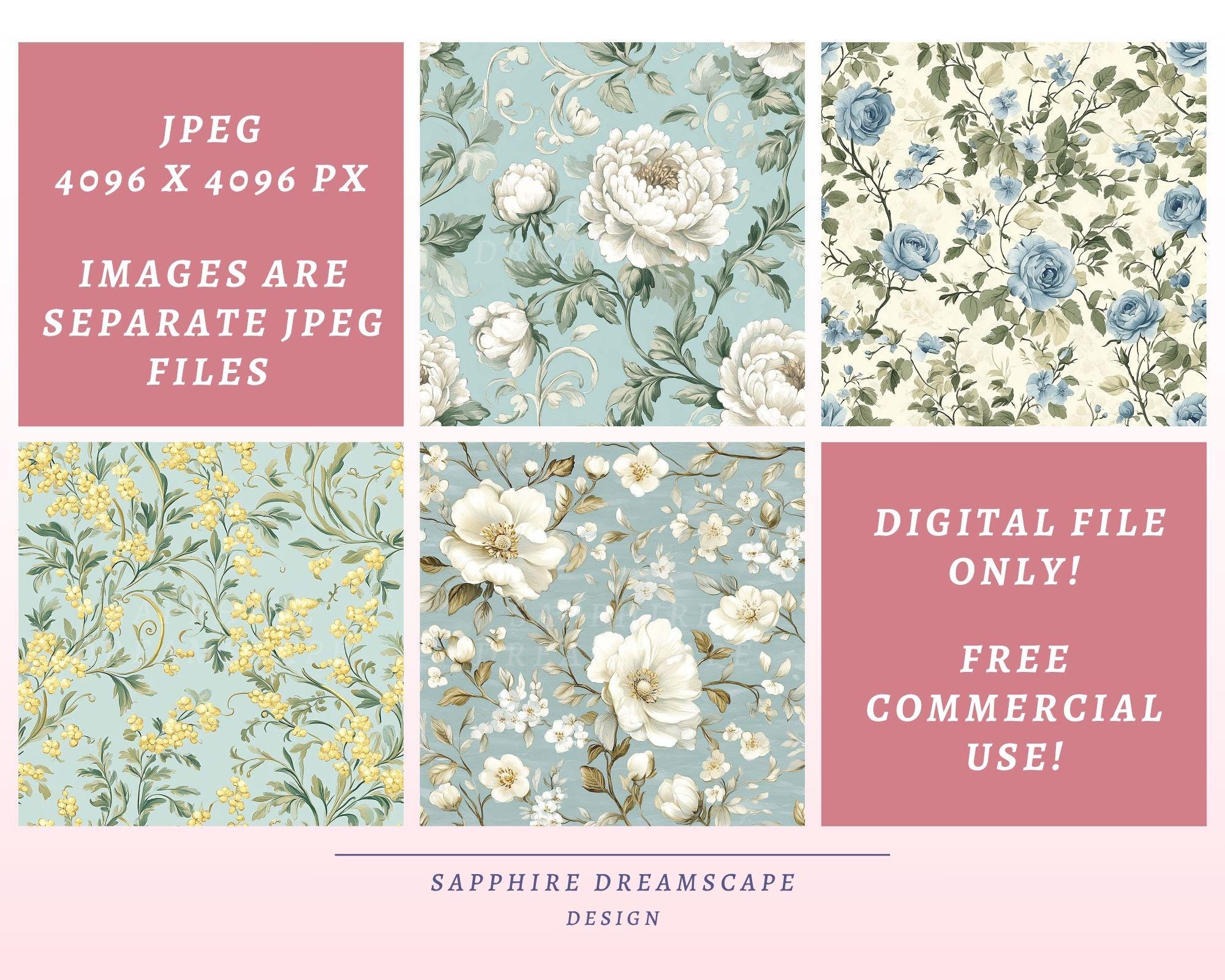 Vintage Blue Floral Digital Paper, Instant Download, Commercial Use ...