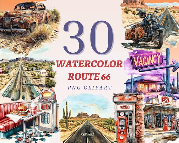 30 Watercolor Route 66 Clipart, High Quality Transparent PNGs, Instant Download, Commercial Use - USA Landscapes images, Classic Road design