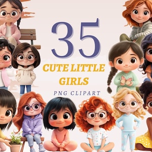 35 schattige kleine meisjes clipart schattige Disney-stijl kindbundel Pixar Cartoon 3D PNG-kunstset voor knutselen, direct gratis commercieel gebruik