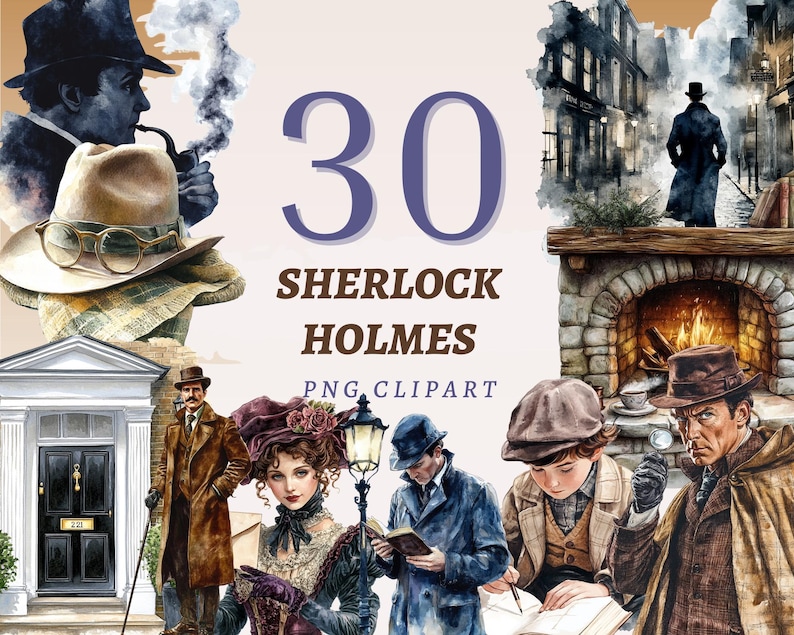 Sherlock Text 30 Sherlock Holmes Clipart Mystery Illustration Set Noir Detective ...