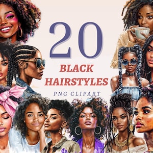 20 coiffures noires Clipart afro femme Illustrations Design afro-américain lot de cheveux élégants téléchargement immédiat oeuvre d'art numérique