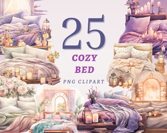 Puede incluir: 25 PNG de cama acogedora. Ilustraciones de acuarela de varias camas con mantas, almohadas y velas. Algunas camas tienen arreglos florales y ventanas.