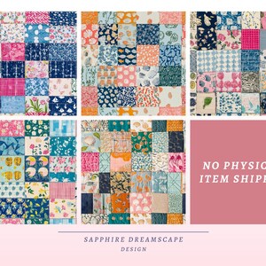 May include: A collection of fabric squares in various patterns and colors, including floral, nautical, and geometric designs. The color palette features blues, pinks, yellows, and oranges. The text "SAPPHIRE DREAMSCAPE DESIGN" is at the bottom, and "NO PHYSICAL ITEM SHIPPED" is in a pink box.
