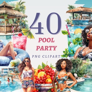 40 Pool Party Clipart, hochwertige transparente PNGs, sofortiger Download, kommerzielle Nutzung - Bikini Girl designs, Sommertag Illustration