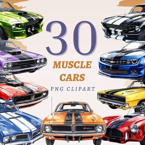 30 cliparts Muscle Cars, PNG transparents de haute qualité, téléchargement immédiat, usage commercial - graphismes Hot Rod classiques, décoration véhicule V8 rétro