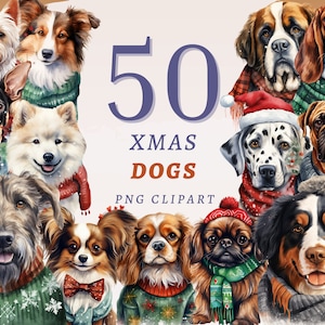 50 imágenes prediseñadas de perros de Navidad, PNG transparentes de alta calidad, descarga instantánea, uso comercial - hermosas razas de perros, lindos imprimibles de animales