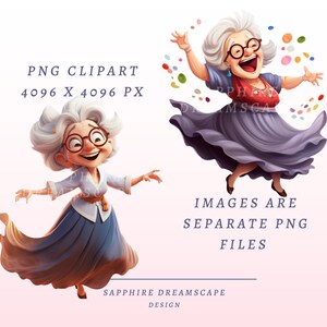May include: Two cartoon illustrations of a cheerful elderly person with grey hair, glasses, and a colourful dress. The text "PNG CLIPART 4096 X 4096 PX" and "IMAGES ARE SEPARATE PNG FILES" is visible. The design is by Sapphire Dreamscape.