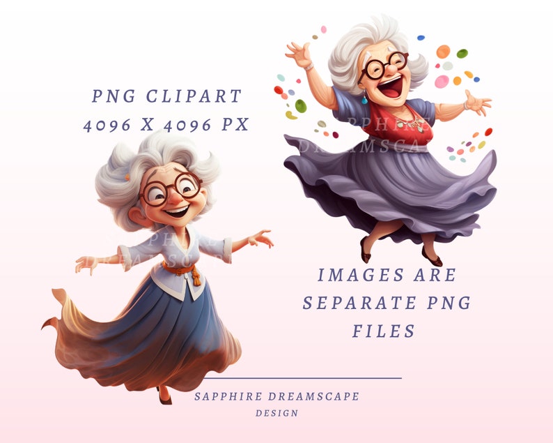 May include: Two cartoon illustrations of a cheerful elderly person with grey hair, glasses, and a colourful dress. The text "PNG CLIPART 4096 X 4096 PX" and "IMAGES ARE SEPARATE PNG FILES" is visible. The design is by Sapphire Dreamscape.