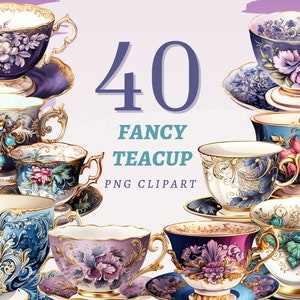 40 Clipart di tazze da tè eleganti, PNG trasparenti di alta qualità, download istantaneo, uso commerciale - Illustrazioni di tazze da tè vintage, tazze da tè antiche