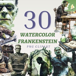 Op de afbeelding: Watercolor Frankenstein PNG clipart set. De afbeelding toont meerdere illustraties van Frankenstein's monster in verschillende poses en scènes. De tekst "30 Watercolor Frankenstein PNG Clipart" wordt weergegeven.