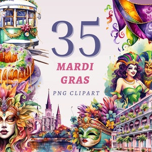 35 cliparts Mardi Gras, PNG transparents de haute qualité, téléchargement immédiat, usage commercial - dessins de carnaval de la Nouvelle-Orléans, violet vert et or
