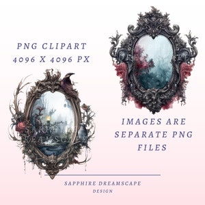Puede incluir: Dos marcos de plata ornamentados con una escena de bosque oscuro y brumoso en su interior. Los marcos est&aacute;n decorados con flores y enredaderas. El texto "PNG CLIPART 4096 X 4096 PX" y "IMAGES ARE SEPARATE PNG FILES" son visibles debajo de los marcos. El texto "SAPPHIRE DREAMSCAPE DESIGN" es visible en la parte inferior de la imagen.
