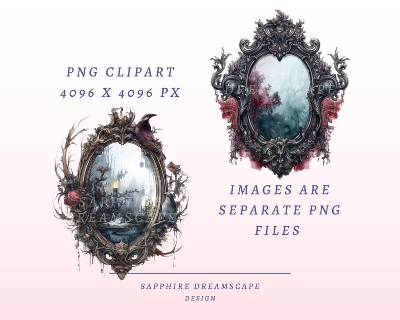 Puede incluir: Dos marcos de plata ornamentados con una escena de bosque oscuro y brumoso en su interior. Los marcos est&aacute;n decorados con flores y enredaderas. El texto "PNG CLIPART 4096 X 4096 PX" y "IMAGES ARE SEPARATE PNG FILES" son visibles debajo de los marcos. El texto "SAPPHIRE DREAMSCAPE DESIGN" es visible en la parte inferior de la imagen.