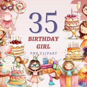 Conjunto de ilustraciones digitales de cumpleaños para niña de 35 años, imágenes prediseñadas, invitaciones a fiestas, impresiones artísticas en línea, deseos de aniversario y obras de arte.