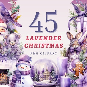 45 cliparts Noël lavande, PNG transparents de haute qualité, téléchargement immédiat, usage commercial - lot imprimable Noël violet, imprimés floraux