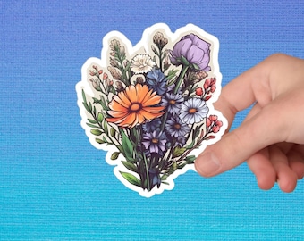 Wildflower Bunch Sticker, Retro Flower Sticker, Watercolor Flower Sticker, Vinyl Flower Floral Sticker, Laptop - Available In Clear & White