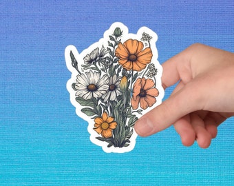 Wildflower Bunch Sticker, Retro Flower Sticker, Watercolor Flower Sticker, Vinyl Flower Floral Sticker, Laptop - Available In Clear & White