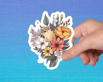 Wildflower Bunch Sticker, Retro Flower Sticker, Watercolor Flower Sticker, Vinyl Flower Floral Sticker, Laptop - Available In Clear & White