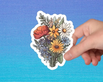 Wildflower Bunch Sticker, Retro Flower Sticker, Watercolor Flower Sticker, Vinyl Flower Floral Sticker, Laptop - Available In Clear & White