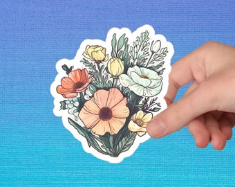 Wildflower Bunch Sticker, Retro Flower Sticker, Watercolor Flower Sticker, Vinyl Flower Floral Sticker, Laptop - Available In Clear & White