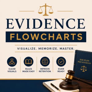 May include: An image promoting "Evidence Flowcharts" for bar exam prep. The design features a balance symbol, text, and icons. The text includes "Visualize. Memorize. Master." and "Bar Exam Prep Materials." A gavel, notepad, and book are also visible.